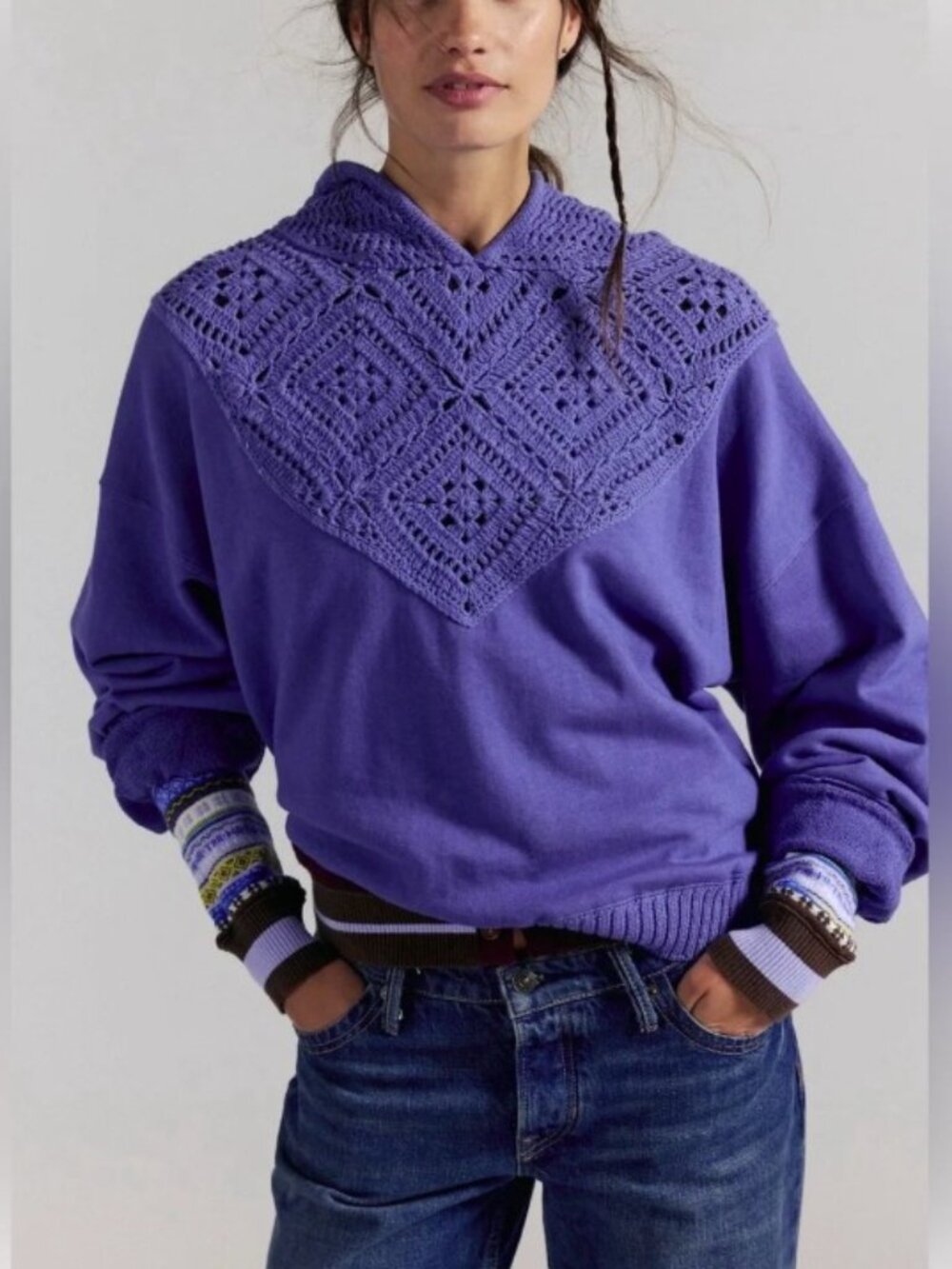 NWT Free People Jocelyn Crochet Hoodie Sweatshirt Blue Purple XS Bohemian Beach